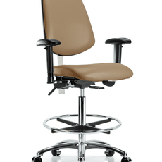 Class 100 Vinyl Clean Room Chair - High Bench Height with Medium Back, Adjustable Arms, Chrome Foot Ring, & Casters in Taupe Trailblazer Vinyl - NCR-VHBCH-MB-CR-T0-A1-CF-CC-8584