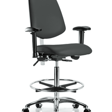 Class 100 Vinyl Clean Room Chair - High Bench Height with Medium Back, Adjustable Arms, Chrome Foot Ring, & Casters in Charcoal Trailblazer Vinyl - NCR-VHBCH-MB-CR-T0-A1-CF-CC-8605