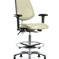 Class 100 Vinyl Clean Room Chair - High Bench Height with Medium Back, Adjustable Arms, Chrome Foot Ring, & Stationary Glides in Adobe White Trailblazer Vinyl - NCR-VHBCH-MB-CR-T0-A1-CF-RG-8501