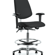 Class 100 Vinyl Clean Room Chair - High Bench Height with Medium Back, Adjustable Arms, Chrome Foot Ring, & Stationary Glides in Black Trailblazer Vinyl - NCR-VHBCH-MB-CR-T0-A1-CF-RG-8540