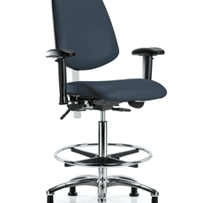 Class 100 Vinyl Clean Room Chair - High Bench Height with Medium Back, Adjustable Arms, Chrome Foot Ring, & Stationary Glides in Imperial Blue Trailblazer Vinyl - NCR-VHBCH-MB-CR-T0-A1-CF-RG-8582