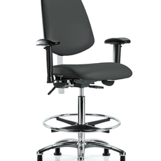 Class 100 Vinyl Clean Room Chair - High Bench Height with Medium Back, Adjustable Arms, Chrome Foot Ring, & Stationary Glides in Charcoal Trailblazer Vinyl - NCR-VHBCH-MB-CR-T0-A1-CF-RG-8605
