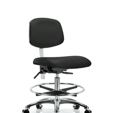 Class 100 Vinyl Clean Room Chair - Medium Bench Height with Chrome Foot Ring & Casters in Black Trailblazer Vinyl - NCR-VMBCH-CR-T0-A0-CF-CC-8540