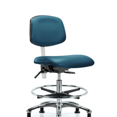 Class 100 Vinyl Clean Room Chair - Medium Bench Height with Chrome Foot Ring & Stationary Glides in Marine Blue Supernova Vinyl - NCR-VMBCH-CR-T0-A0-CF-RG-8801