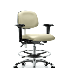 Class 100 Vinyl Clean Room Chair - Medium Bench Height with Adjustable Arms, Chrome Foot Ring, & Casters in Adobe White Trailblazer Vinyl - NCR-VMBCH-CR-T0-A1-CF-CC-8501