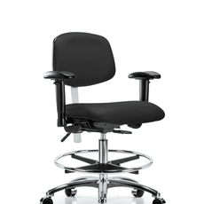Class 100 Vinyl Clean Room Chair - Medium Bench Height with Adjustable Arms, Chrome Foot Ring, & Casters in Black Trailblazer Vinyl - NCR-VMBCH-CR-T0-A1-CF-CC-8540