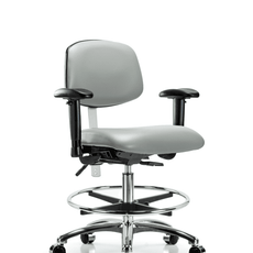 Class 100 Vinyl Clean Room Chair - Medium Bench Height with Adjustable Arms, Chrome Foot Ring, & Casters in Dove Trailblazer Vinyl - NCR-VMBCH-CR-T0-A1-CF-CC-8567