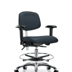 Class 100 Vinyl Clean Room Chair - Medium Bench Height with Adjustable Arms, Chrome Foot Ring, & Casters in Imperial Blue Trailblazer Vinyl - NCR-VMBCH-CR-T0-A1-CF-CC-8582