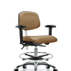Class 100 Vinyl Clean Room Chair - Medium Bench Height with Adjustable Arms, Chrome Foot Ring, & Casters in Taupe Trailblazer Vinyl - NCR-VMBCH-CR-T0-A1-CF-CC-8584