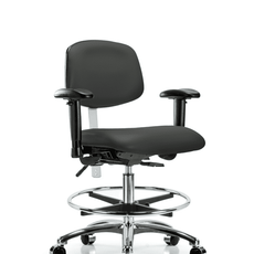 Class 100 Vinyl Clean Room Chair - Medium Bench Height with Adjustable Arms, Chrome Foot Ring, & Casters in Charcoal Trailblazer Vinyl - NCR-VMBCH-CR-T0-A1-CF-CC-8605