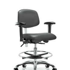 Class 100 Vinyl Clean Room Chair - Medium Bench Height with Adjustable Arms, Chrome Foot Ring, & Casters in Carbon Supernova Vinyl - NCR-VMBCH-CR-T0-A1-CF-CC-8823