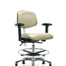 Class 100 Vinyl Clean Room Chair - Medium Bench Height with Adjustable Arms, Chrome Foot Ring, & Stationary Glides in Adobe White Trailblazer Vinyl - NCR-VMBCH-CR-T0-A1-CF-RG-8501