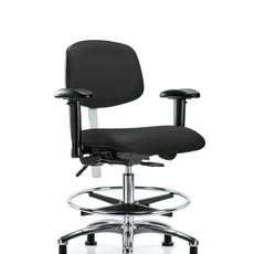 Class 100 Vinyl Clean Room Chair - Medium Bench Height with Adjustable Arms, Chrome Foot Ring, & Stationary Glides in Black Trailblazer Vinyl - NCR-VMBCH-CR-T0-A1-CF-RG-8540
