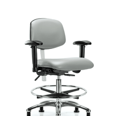 Class 100 Vinyl Clean Room Chair - Medium Bench Height with Adjustable Arms, Chrome Foot Ring, & Stationary Glides in Dove Trailblazer Vinyl - NCR-VMBCH-CR-T0-A1-CF-RG-8567