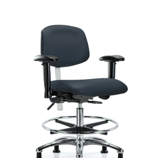 Class 100 Vinyl Clean Room Chair - Medium Bench Height with Adjustable Arms, Chrome Foot Ring, & Stationary Glides in Imperial Blue Trailblazer Vinyl - NCR-VMBCH-CR-T0-A1-CF-RG-8582