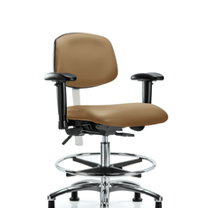 Class 100 Vinyl Clean Room Chair - Medium Bench Height with Adjustable Arms, Chrome Foot Ring, & Stationary Glides in Taupe Trailblazer Vinyl - NCR-VMBCH-CR-T0-A1-CF-RG-8584