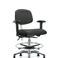 Class 100 Vinyl Clean Room Chair - Medium Bench Height with Adjustable Arms, Chrome Foot Ring, & Stationary Glides in Charcoal Trailblazer Vinyl - NCR-VMBCH-CR-T0-A1-CF-RG-8605