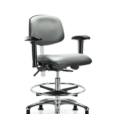 Class 100 Vinyl Clean Room Chair - Medium Bench Height with Adjustable Arms, Chrome Foot Ring, & Stationary Glides in Sterling Supernova Vinyl - NCR-VMBCH-CR-T0-A1-CF-RG-8840