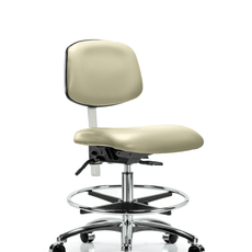 Class 100 Vinyl Clean Room Chair - Medium Bench Height with Seat Tilt, Chrome Foot Ring, & Casters in Adobe White Trailblazer Vinyl - NCR-VMBCH-CR-T1-A0-CF-CC-8501