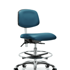 Class 100 Vinyl Clean Room Chair - Medium Bench Height with Seat Tilt, Chrome Foot Ring, & Casters in Marine Blue Supernova Vinyl - NCR-VMBCH-CR-T1-A0-CF-CC-8801