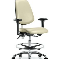 Class 100 Vinyl Clean Room Chair - Medium Bench Height with Medium Back, Adjustable Arms, Chrome Foot Ring, & Casters in Adobe White Trailblazer Vinyl - NCR-VMBCH-MB-CR-T0-A1-CF-CC-8501