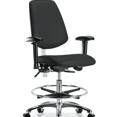 Class 100 Vinyl Clean Room Chair - Medium Bench Height with Medium Back, Adjustable Arms, Chrome Foot Ring, & Casters in Black Trailblazer Vinyl - NCR-VMBCH-MB-CR-T0-A1-CF-CC-8540