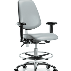 Class 100 Vinyl Clean Room Chair - Medium Bench Height with Medium Back, Adjustable Arms, Chrome Foot Ring, & Casters in Dove Trailblazer Vinyl - NCR-VMBCH-MB-CR-T0-A1-CF-CC-8567