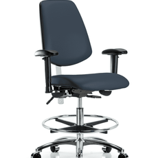 Class 100 Vinyl Clean Room Chair - Medium Bench Height with Medium Back, Adjustable Arms, Chrome Foot Ring, & Casters in Imperial Blue Trailblazer Vinyl - NCR-VMBCH-MB-CR-T0-A1-CF-CC-8582