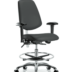 Class 100 Vinyl Clean Room Chair - Medium Bench Height with Medium Back, Adjustable Arms, Chrome Foot Ring, & Casters in Charcoal Trailblazer Vinyl - NCR-VMBCH-MB-CR-T0-A1-CF-CC-8605