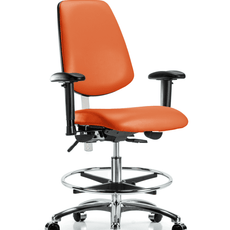 Class 100 Vinyl Clean Room Chair - Medium Bench Height with Medium Back, Adjustable Arms, Chrome Foot Ring, & Casters in Orange Kist Trailblazer Vinyl - NCR-VMBCH-MB-CR-T0-A1-CF-CC-8613