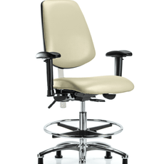 Class 100 Vinyl Clean Room Chair - Medium Bench Height with Medium Back, Adjustable Arms, Chrome Foot Ring, & Stationary Glides in Adobe White Trailblazer Vinyl - NCR-VMBCH-MB-CR-T0-A1-CF-RG-8501
