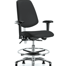 Class 100 Vinyl Clean Room Chair - Medium Bench Height with Medium Back, Adjustable Arms, Chrome Foot Ring, & Stationary Glides in Black Trailblazer Vinyl - NCR-VMBCH-MB-CR-T0-A1-CF-RG-8540