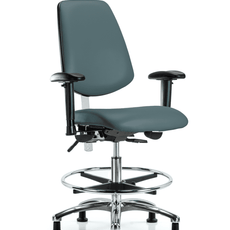 Class 100 Vinyl Clean Room Chair - Medium Bench Height with Medium Back, Adjustable Arms, Chrome Foot Ring, & Stationary Glides in Colonial Blue Trailblazer Vinyl - NCR-VMBCH-MB-CR-T0-A1-CF-RG-8546