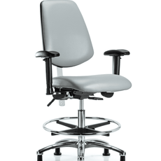 Class 100 Vinyl Clean Room Chair - Medium Bench Height with Medium Back, Adjustable Arms, Chrome Foot Ring, & Stationary Glides in Dove Trailblazer Vinyl - NCR-VMBCH-MB-CR-T0-A1-CF-RG-8567