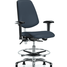 Class 100 Vinyl Clean Room Chair - Medium Bench Height with Medium Back, Adjustable Arms, Chrome Foot Ring, & Stationary Glides in Imperial Blue Trailblazer Vinyl - NCR-VMBCH-MB-CR-T0-A1-CF-RG-8582