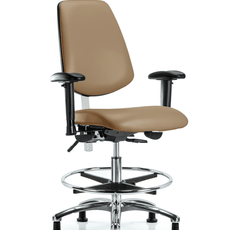 Class 100 Vinyl Clean Room Chair - Medium Bench Height with Medium Back, Adjustable Arms, Chrome Foot Ring, & Stationary Glides in Taupe Trailblazer Vinyl - NCR-VMBCH-MB-CR-T0-A1-CF-RG-8584