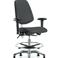Class 100 Vinyl Clean Room Chair - Medium Bench Height with Medium Back, Adjustable Arms, Chrome Foot Ring, & Stationary Glides in Charcoal Trailblazer Vinyl - NCR-VMBCH-MB-CR-T0-A1-CF-RG-8605