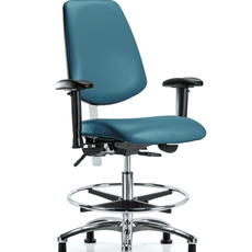 Class 100 Vinyl Clean Room Chair - Medium Bench Height with Medium Back, Adjustable Arms, Chrome Foot Ring, & Stationary Glides in Marine Blue Supernova Vinyl - NCR-VMBCH-MB-CR-T0-A1-CF-RG-8801