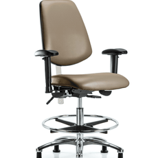 Class 100 Vinyl Clean Room Chair - Medium Bench Height with Medium Back, Adjustable Arms, Chrome Foot Ring, & Stationary Glides in Taupe Supernova Vinyl - NCR-VMBCH-MB-CR-T0-A1-CF-RG-8809