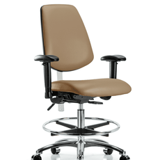 Class 100 Vinyl Clean Room Chair - Medium Bench Height with Medium Back, Seat Tilt, Adjustable Arms, Chrome Foot Ring, & Casters in Taupe Trailblazer Vinyl - NCR-VMBCH-MB-CR-T1-A1-CF-CC-8584