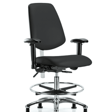 Class 100 Vinyl Clean Room Chair - Medium Bench Height with Medium Back, Seat Tilt, Adjustable Arms, Chrome Foot Ring, & Stationary Glides in Black Trailblazer Vinyl - NCR-VMBCH-MB-CR-T1-A1-CF-RG-8540