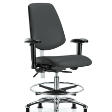 Class 100 Vinyl Clean Room Chair - Medium Bench Height with Medium Back, Seat Tilt, Adjustable Arms, Chrome Foot Ring, & Stationary Glides in Charcoal Trailblazer Vinyl - NCR-VMBCH-MB-CR-T1-A1-CF-RG-8605