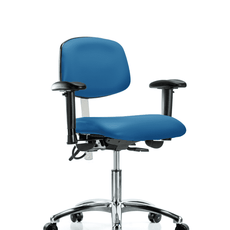 Class 100 Vinyl Clean Room/ESD Chair - Desk Height with Adjustable Arms & ESD Casters in Blue ESD Vinyl - NECR-DHCH-CR-T0-A1-EC-ESDBLU