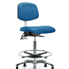 Class 100 Vinyl Clean Room/ESD Chair - High Bench Height with Chrome Foot Ring & ESD Stationary Glides in Blue ESD Vinyl - NECR-HBCH-CR-T0-A0-CF-EG-ESDBLU