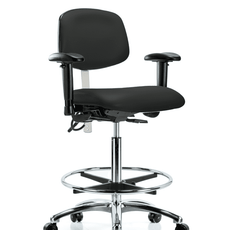 Class 100 Vinyl Clean Room/ESD Chair - High Bench Height with Adjustable Arms, Chrome Foot Ring, & ESD Casters in Black ESD Vinyl - NECR-HBCH-CR-T0-A1-CF-EC-ESDBLK