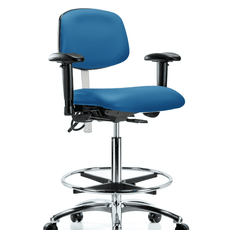 Class 100 Vinyl Clean Room/ESD Chair - High Bench Height with Adjustable Arms, Chrome Foot Ring, & ESD Casters in Blue ESD Vinyl - NECR-HBCH-CR-T0-A1-CF-EC-ESDBLU