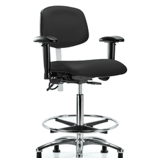 Class 100 Vinyl Clean Room/ESD Chair - High Bench Height with Adjustable Arms, Chrome Foot Ring, & ESD Stationary Glides in Black ESD Vinyl - NECR-HBCH-CR-T0-A1-CF-EG-ESDBLK