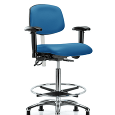 Class 100 Vinyl Clean Room/ESD Chair - High Bench Height with Adjustable Arms, Chrome Foot Ring, & ESD Stationary Glides in Blue ESD Vinyl - NECR-HBCH-CR-T0-A1-CF-EG-ESDBLU