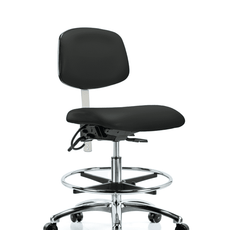 Class 100 Vinyl Clean Room/ESD Chair - Medium Bench Height with Chrome Foot Ring & ESD Casters in Black ESD Vinyl - NECR-MBCH-CR-T0-A0-CF-EC-ESDBLK