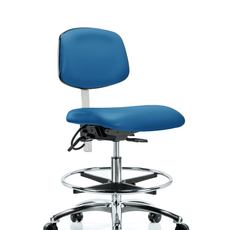 Class 100 Vinyl Clean Room/ESD Chair - Medium Bench Height with Chrome Foot Ring & ESD Casters in Blue ESD Vinyl - NECR-MBCH-CR-T0-A0-CF-EC-ESDBLU